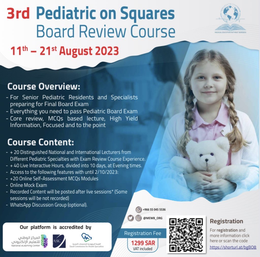 OnSquares's tweet photo. We're glad to announce the:
🟪 3rd “Pediatric on Squares” Board Review Course

🟧 Virtual Course for Senior Pediatric Residents Preparing for Final Board Exam

🟩 For Registration and Further Information Scan the QR code or visit @mewb_org website 

#Pediatric #MCQs #Course https://t.co/6rXLYI5GD8