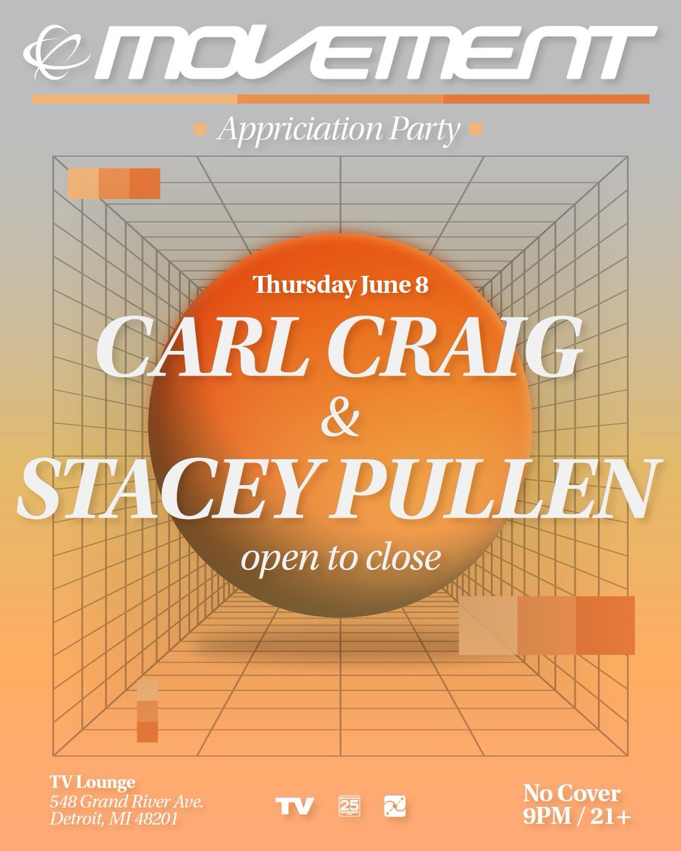 Next week! <a href="/MovementDetroit/">Movement Detroit</a> Appreciation Party with Carl Craig &amp; <a href="/staceypullen/">staceypullenofficial</a> playing open to close on Thursday 6/8 at TV Lounge 🙌 No cover all night!