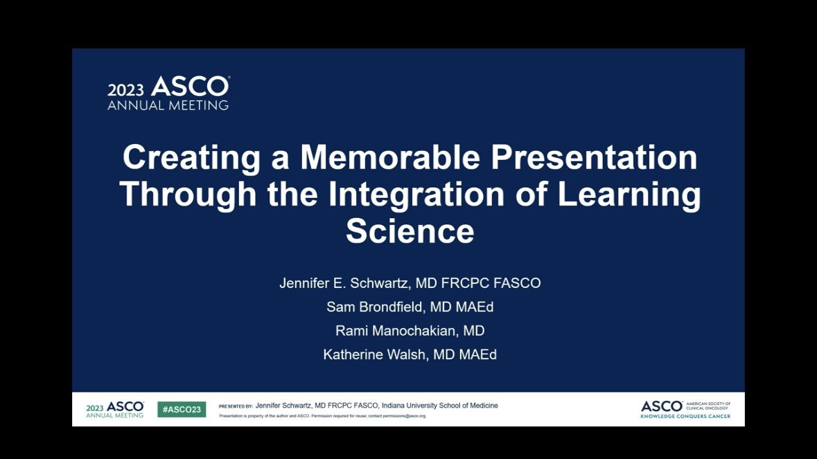 We LOVED the session on creating a memorable presentation Key Takeaways: 📚 Learners remember start and end of talk 📚Work through a problem beforehand 📚 Summarize key points 📚Set reasonable time, not too long The last two concepts are very familiar to us 😉 #ASCO23 #MedEd