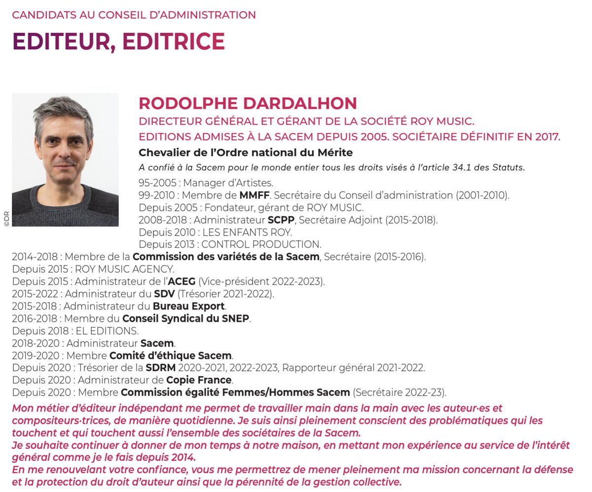 Candidat au conseil d'administration de la <a href="/Sacem/">Sacem</a> 
Merci de soutenir ma candidature, celle d'un éditeur français, 100% indépendant depuis 18 ans, qui oeuvre depuis toujours pour l'intérêt général comme en atteste mon parcours ci-dessous.

 👉🏻 lnkd.in/d9ySeUYy