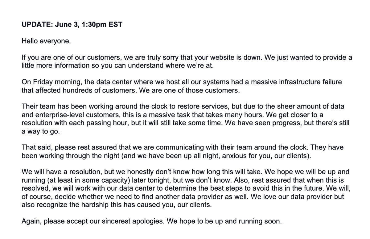 ThinkRadiant's tweet photo. UPDATE BULLETIN (1:30pm EST): Please read the following bulletin for a detailed update on where we're at with service restoration. Thank you for your prayers and patience! https://t.co/EppUFHuSlE