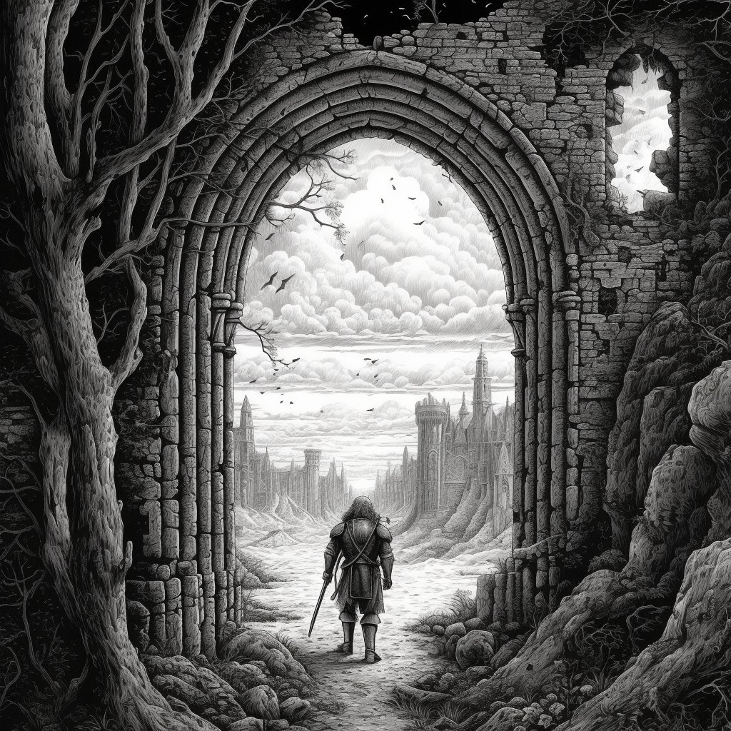 blitherbabble's tweet image. Trying to get midjourney to give me a picture of an ancient portal where everything on one side is black &amp;amp; white, but through the portal is in color. It won't cooperate. But I did get some cool stuff including a picture of what I'm calling Gay Valhalla.