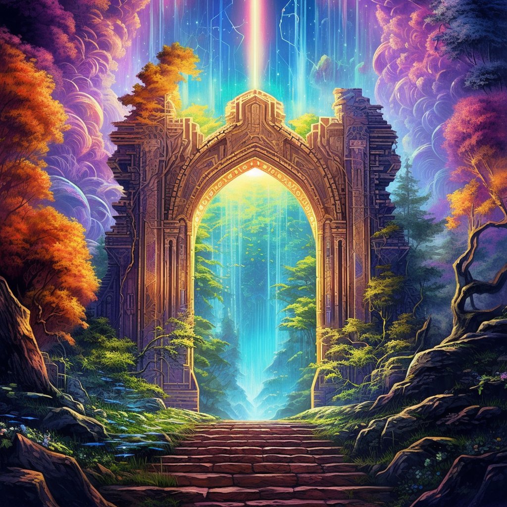 blitherbabble's tweet image. Trying to get midjourney to give me a picture of an ancient portal where everything on one side is black &amp;amp; white, but through the portal is in color. It won't cooperate. But I did get some cool stuff including a picture of what I'm calling Gay Valhalla.