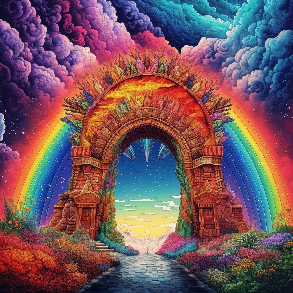 blitherbabble's tweet image. Trying to get midjourney to give me a picture of an ancient portal where everything on one side is black &amp;amp; white, but through the portal is in color. It won't cooperate. But I did get some cool stuff including a picture of what I'm calling Gay Valhalla.