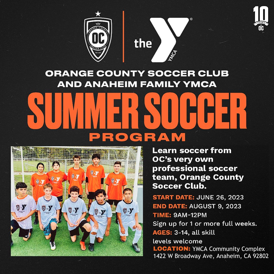 Learn soccer from OC’s only professional soccer team, Orange County Soccer Club.  This youth soccer camp is for ages 3-14 and is open to all skill levels.  

6/26 - 8/9
9AM-12PM
LOCATION: YMCA Community Complex

Sign up here fevo.me/ymcasummer23

#OCSC #YMCA
