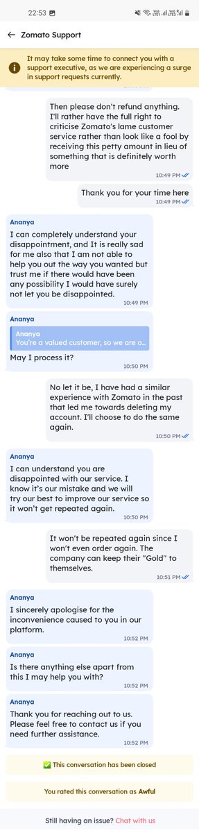 phu_phaiter's tweet photo. While one support agent closed the ticket on me, another offered to refund the money that I paid to upgrade the drink that I ordered.

Ever reckoned spending some of that marketing budget on providing better customer service?
@zomato @deepigoyal @zomatocare https://t.co/i5txa9Ilh1