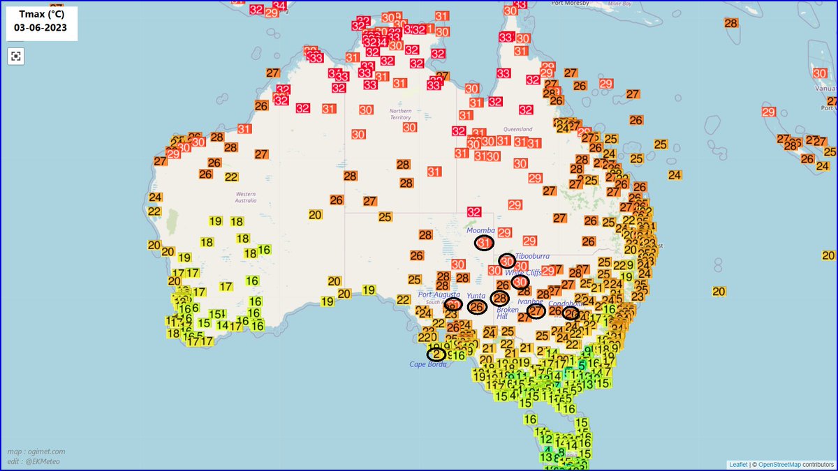 #Australie : après un mois de mai froid, l'hiver austral débute avec des records mensuels de chaleur ce 3 juin
30.8°C Moomba->30.5 30-6-2009
29.6 Tibooburra->28.9 1-6-1923
29.6 Port Augusta
29.5 White Cliffs
28.0 Broken Hill
27.1 Ivanhoe
26.0 Yunta
25.8 Condobolin
20.8 Cape Borda