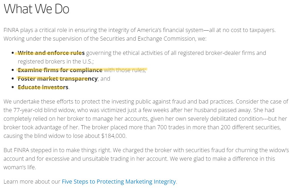 TradingSecrets7's tweet photo. $MMTLP @FINRA Glad to see you are playing a critical role in ensuring the integrity of America's financial system. However the proof must be in the pudding. 
You claim to:
 "enforce rules" - does this include shorts always closing their positions and not entering a private company. 
"Examine Firms for Compliance" - does this include making sure there is no naked shorting, no FTDs and following securities legislation
"Foster Market Transparency" - does this include releasing blue sheets in ALL cases to show there is nothing to hide
"Educate Investors" I would like to know why retail investors accept the risks of trading but nefarious actors who don't like losing, get away with not following the rules of trading.