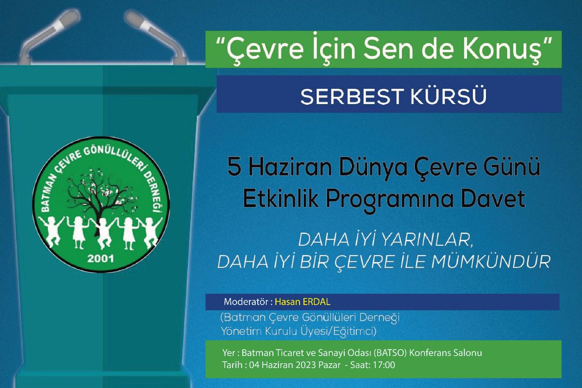 #5HaziranDünyaÇevreGünü etkinlikleri kapsamında sizleri yarın gerçekleştireceğimiz #SerbestKürsü programımıza bekliyoruz. #ÇevreİçinSendeKonuş
🗓 04 Haziran Pazar
🕒 17:00
📍BATSO Konferans Salonu