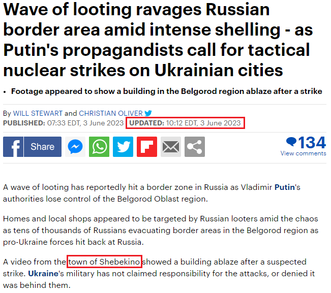 The second-largest problem is the Western mainstream media unquestioningly regurgitating this propaganda.

Here the Daily Mail initially thought Shebekino was named 'Readovka,' and claimed that fires from Ukrainian shelling were caused by Russian looters.

(they fixed the name)