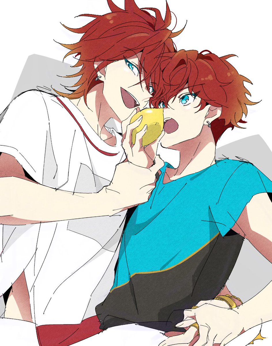 multiple boys 2boys food male focus fruit jewelry red hair  illustration images