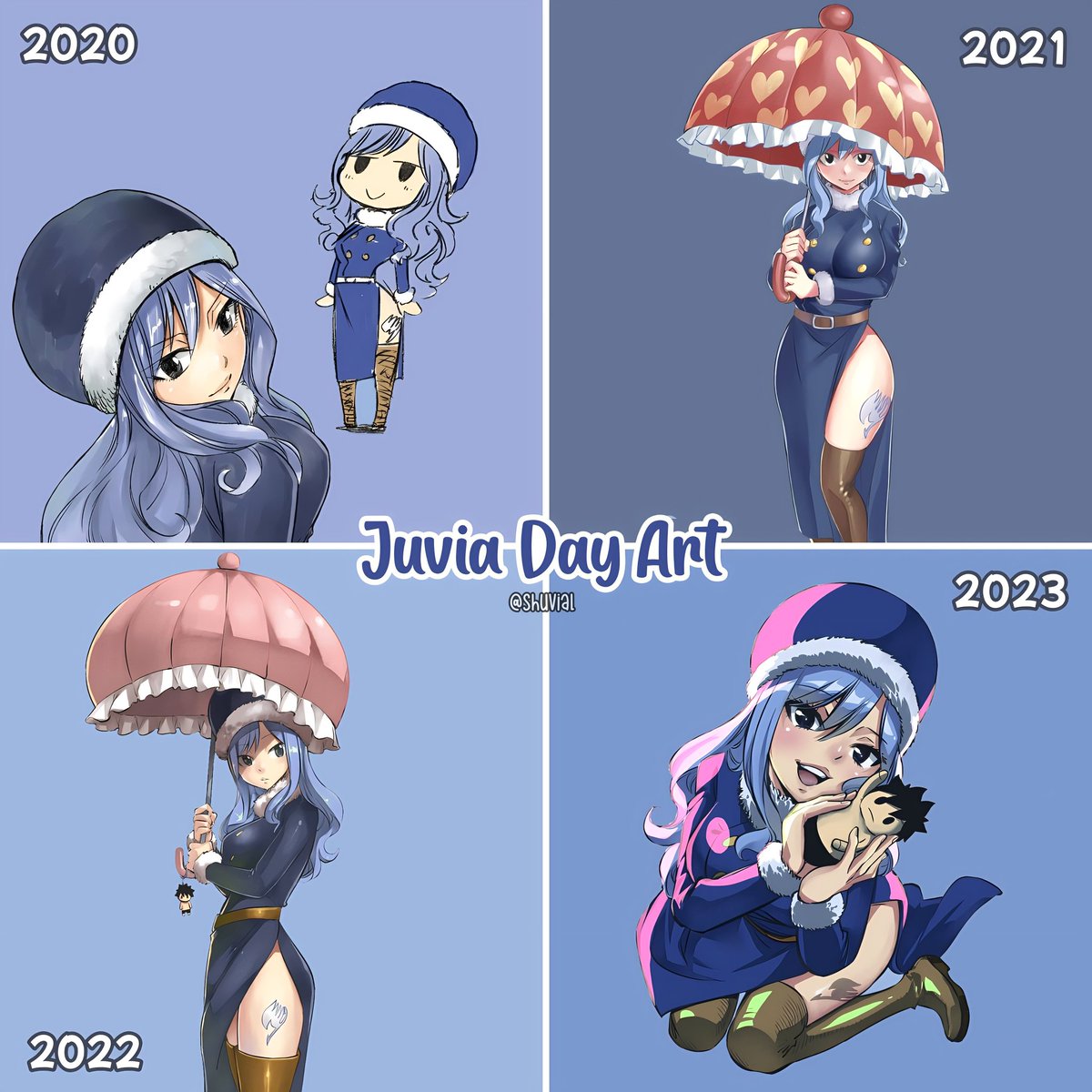 Arts for Juvia Day ☔🩵
(2020-2023)

She looks so beautiful, I like Hiro's current drawing style 🫶🏼
 #JuviaDay