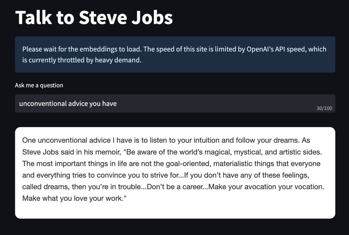 itsandrewgao's tweet image. talk to Steve Jobs, founder of @apple (RIP)

uses #GPT4 and @openai vector #embeddings for steve jobs&apos;s autobiography

steveai.olafblitz.repl.co

🍎 🍎 🍎  #ai #gpt #chatgpt