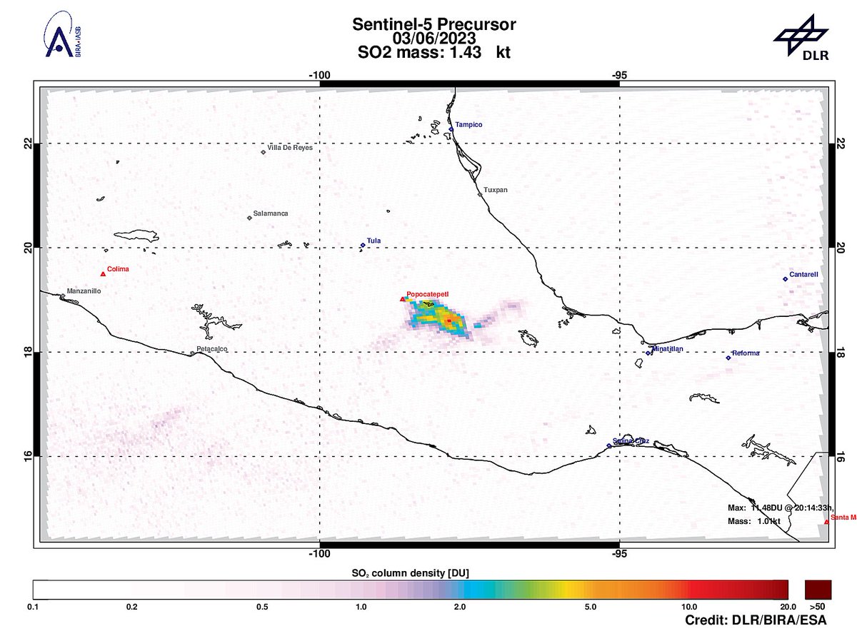 On 2023-06-03 #TROPOMI has detected an enhanced SO2 signal of 11.48DU at a distance of 94.5km to #Popocatepetl. @tropomi #S5p #Sentinel5p @DLR_en @BIRA_IASB @ESA_EO #SO2LH