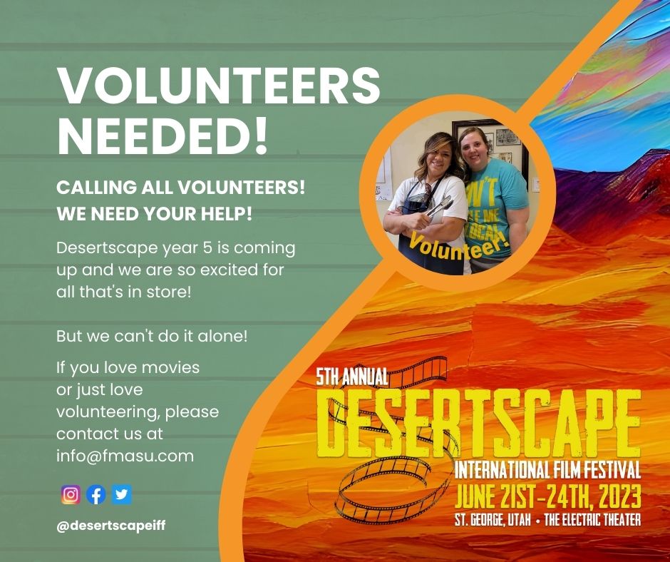 🙋‍♀️We need YOUR help! 

Volunteering at Desertscape is a great way to meet new people, learn new skills, watch some fantastic films, and build new, lasting friendships! 🙂

Please contact us through info@fmasu.com. 

#Desertscape runs June 21-24th in St. George Utah. 🏜