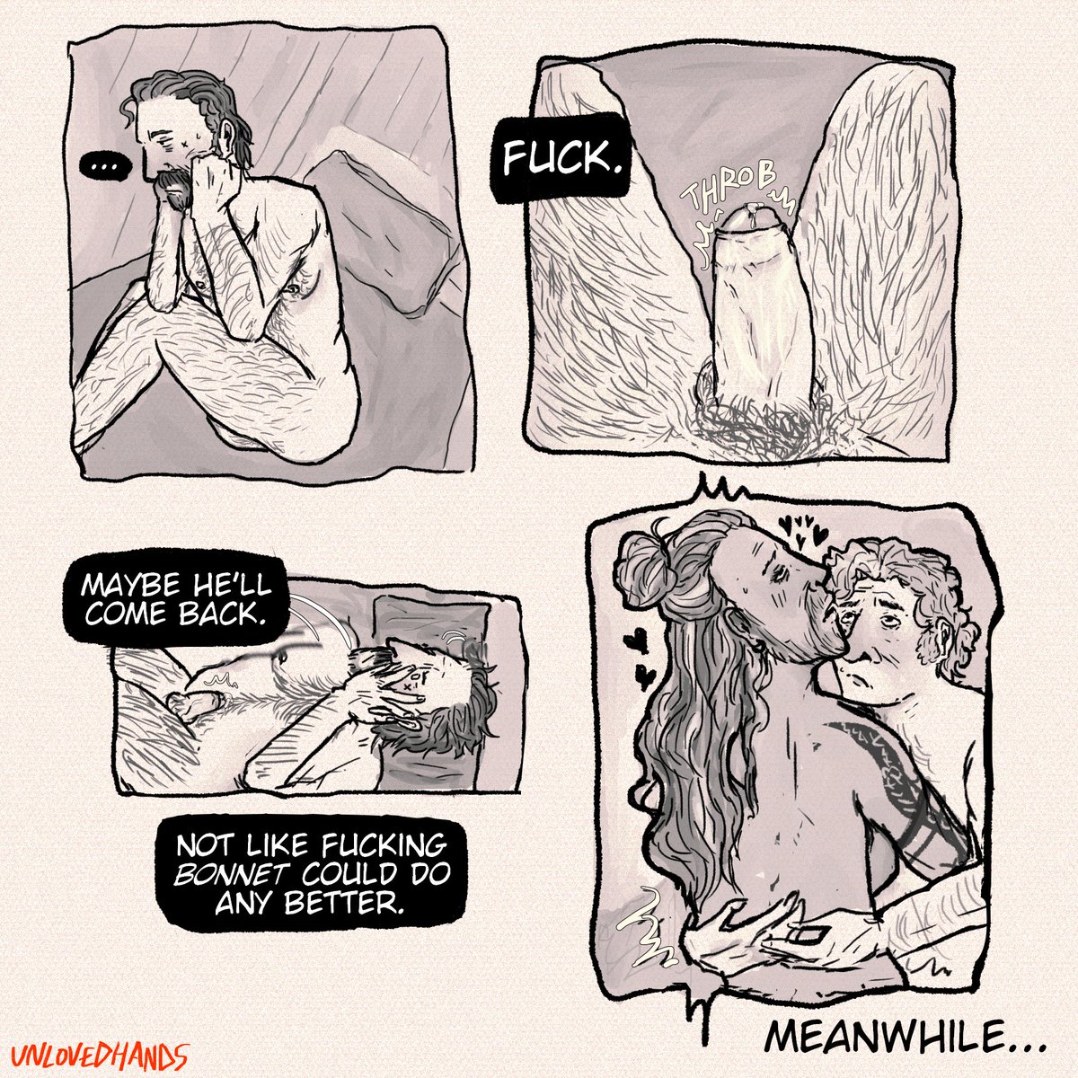 lovedhands's tweet photo. Happy small dick Saturday, Izzy is the bearer of the curse. Hope this is comprehensible. Also, Ed is trans. Pretend I gave a fuck about drawing his tattoos both times. #ofmdnsfw https://t.co/D9loSlVHWO