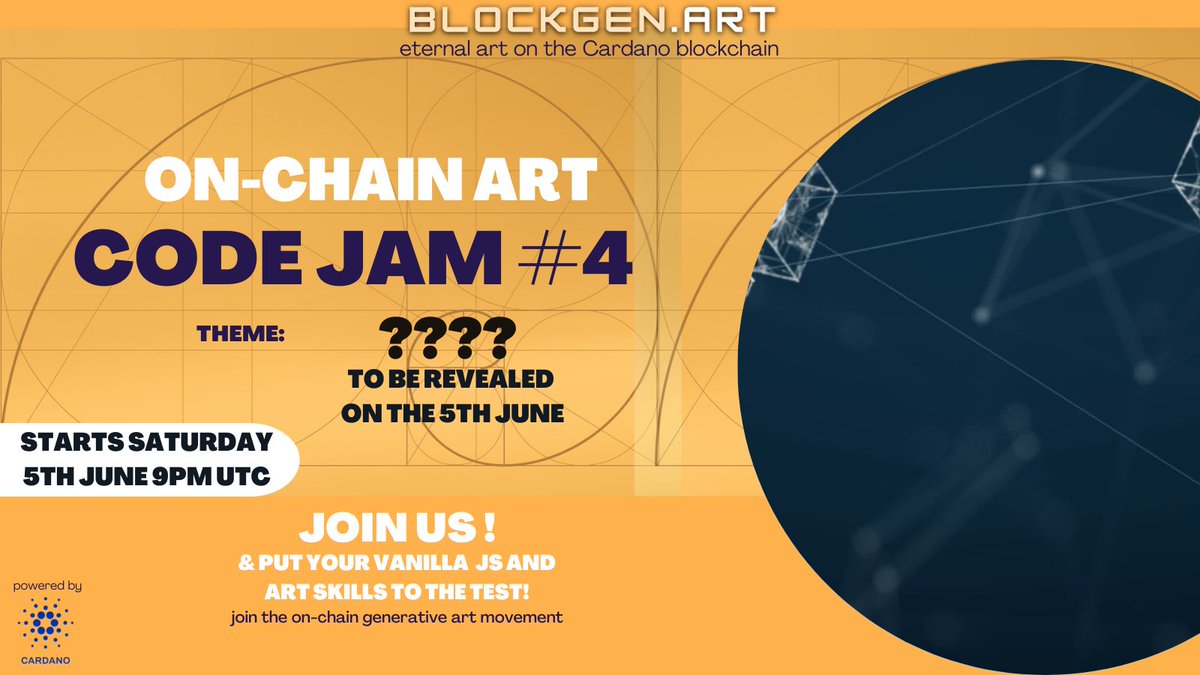 Inviting all js code-artists!
We're getting ready for our next Code-Jam! 
Theme will be announced in 2 days, at launch time. Coding window is one week!

construct.blockgen.art

#learntocode #cardanoNFT #generativeart