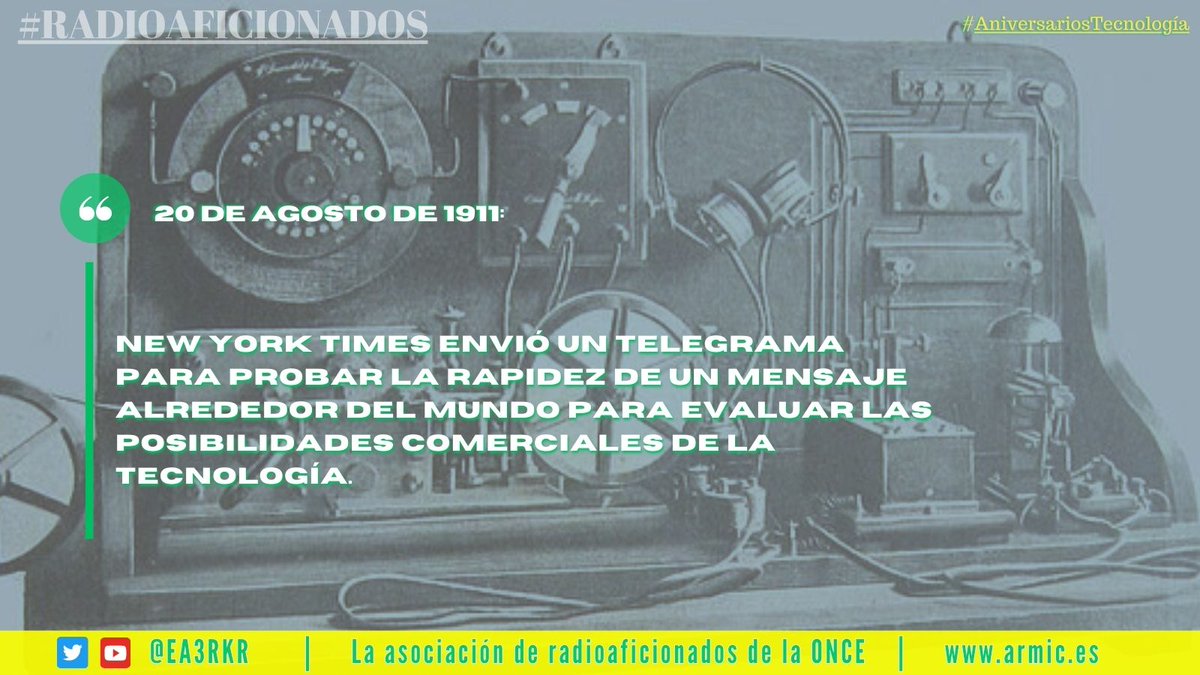 Viajando 45.000 Km es transmitido por 16 operadores diferentes.

A las 7 de la tarde, el periódico <a href="/nytimes/">The New York Times</a> envía por telegrama el texto: "Este mensaje enviado alrededor del mundo".

👉Fue el 20 de agosto de 1911.

#NoticiasRadio
#Radioaficionados
#AniversariosTecnología