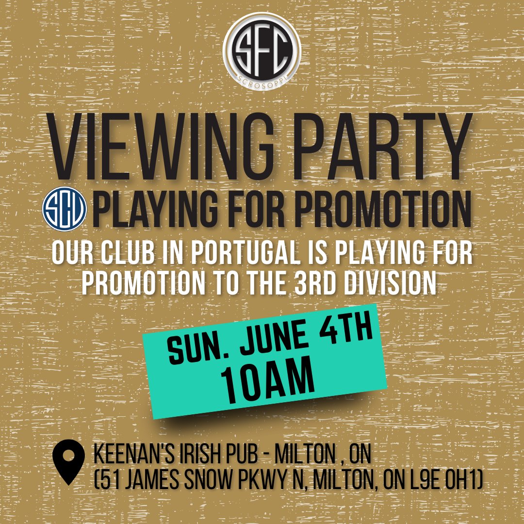 Our club in Portugal is seeking promotion to the 3rd division tomorrow.

Come join us at our Viewing Party to cheer them on!

📍Keenan's Irish Pub
📍51 James Snow Parkway N, Milton ON
 🕙 10am
📆 Sunday, June 4th

#TogetherWeDream | #GarraVianense