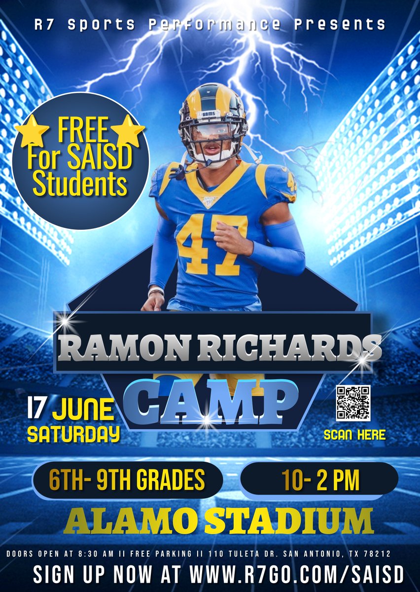 6th to 9th grade SAISD students can attend a free football camp at Alamo Stadium June 17. 

Register | Inscríbase: r7go.com/saisd 

Los estudiantes de SAISD de 6° a 9° grado pueden asistir a un campamento de fútbol americano gratuito en el Alamo Stadium el 17 de junio.