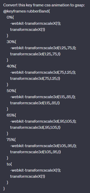 dreiqdev's tweet photo. Another useful thing to do with #ChatGPT is converting a plain css keyframes to gsap

#ai #gpt #gsap #frontend #dev https://t.co/E2oWhOpGk3