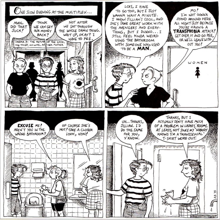 the connection between trans women and butch cis dykes in bathrooms is SUCH AN OLD ISSUE that it was literally a joke in Dykes to Watch Out For