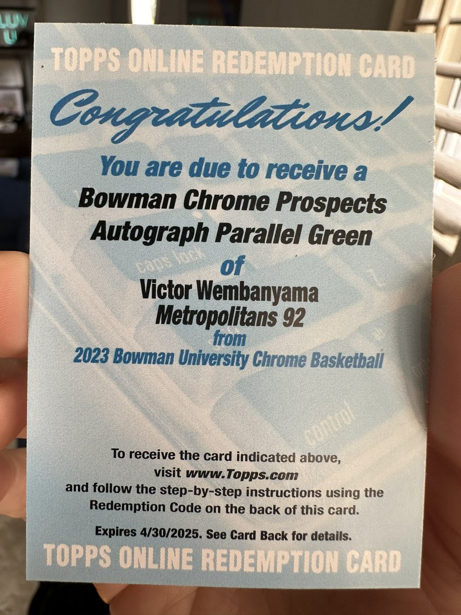 2BMatHerman's tweet photo. Holy Wembanyama! I just pulled this @Topps first auto redemption of @vicw_32 I now have a 1/99 chance that it’s his first ever autograph card!! Thanks @BurbankCards @michaelrubin @Topps #whodoyoucollect https://t.co/f7b62j1LVJ