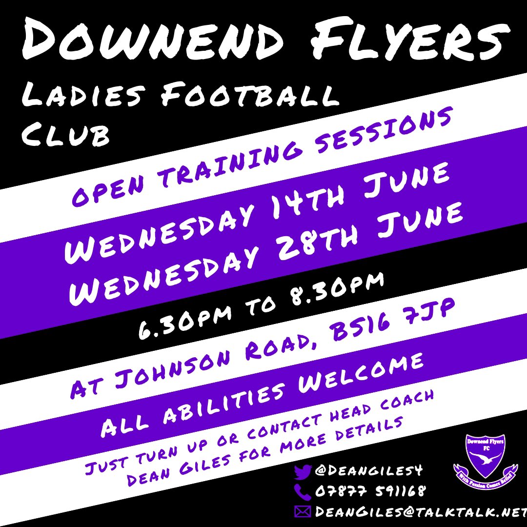 DownendFlyersFC's tweet photo. Downend Flyers ladies football club OPEN TRAINING sessions:

💜 Wed 14th June
💜 Wed 28th June

From 6.30pm to 8.30pm at Johnson Road, BS16 7JP.

All abilities are welcome for ages 16+ 
Please just come along or get in contact with our head coach @DeanGiles4 for more details. https://t.co/yFC51WUGTa