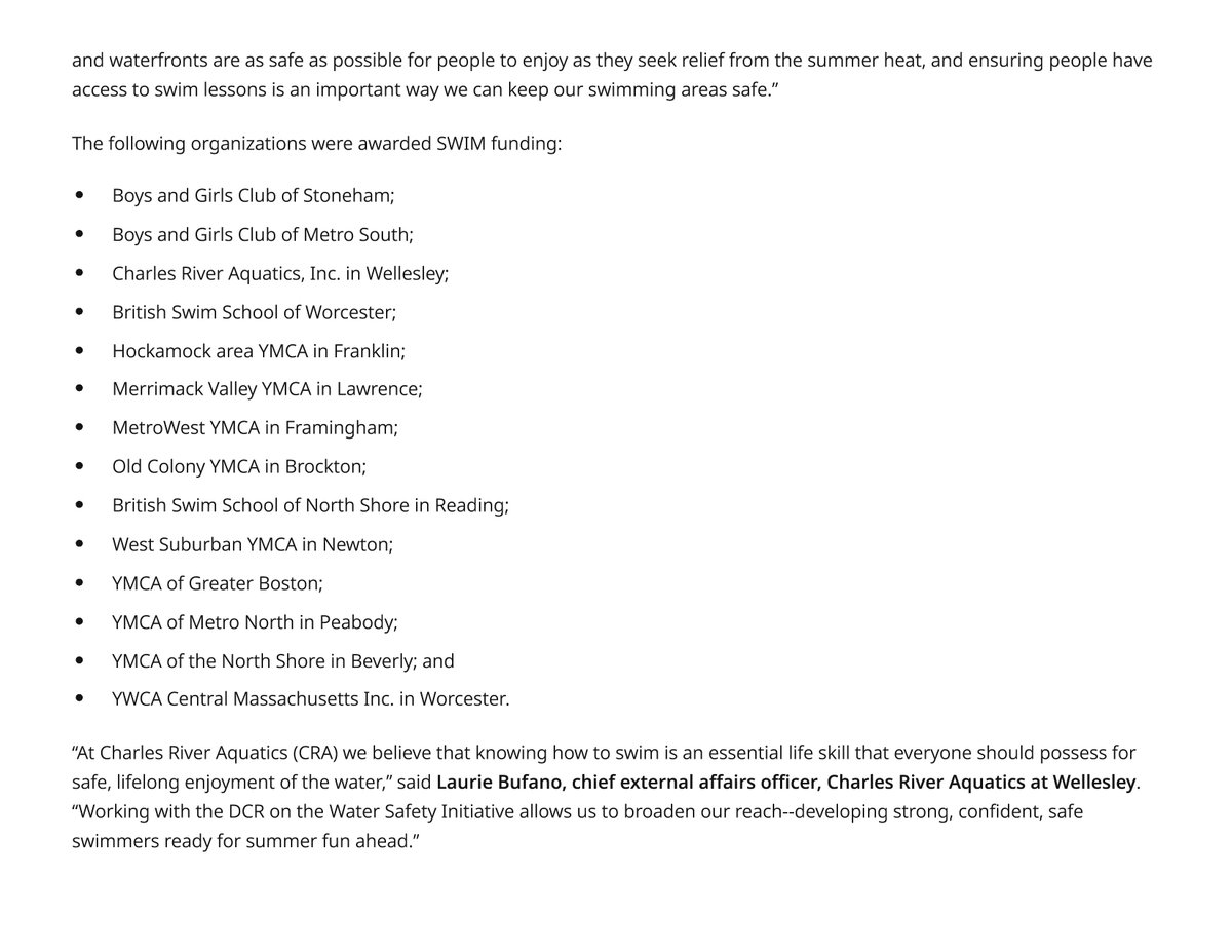In an effort to increase access to swimming lessons and enhance water safety, fourteen Massachusetts organizations have been awarded a total of up to $372,000 to provide free beginner swimming lessons to Massachusetts residents of all ages. 

🏊‍♂️
