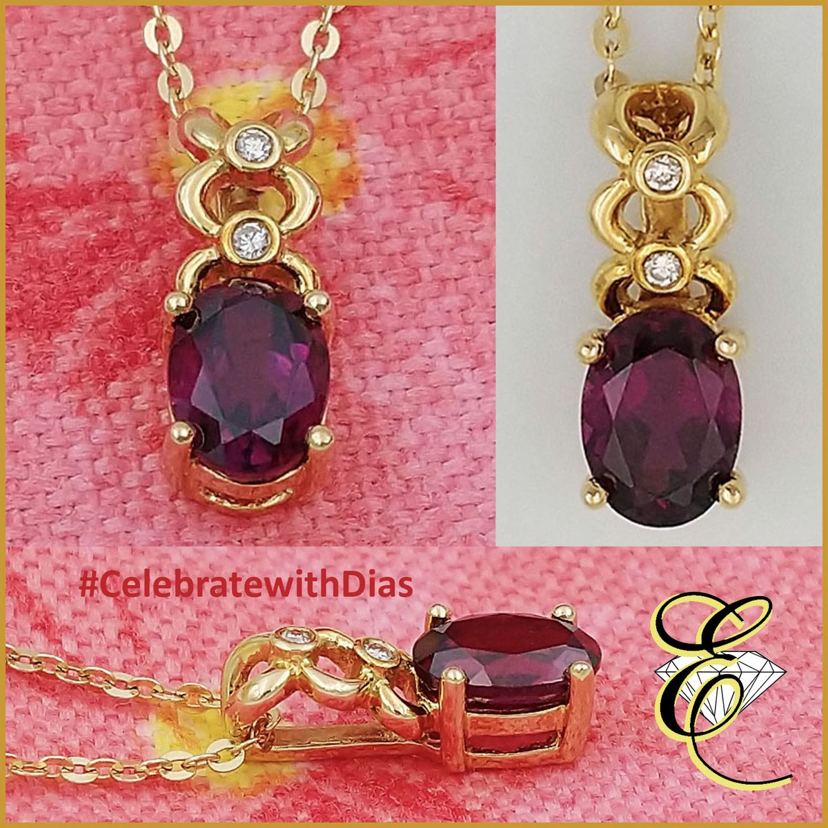 14K yellow gold Pendant with an oval Rhodolite Garnet and 2 round brilliant-cut Diamonds. From Our Estate Collection $400. Chain sold separately.

#start2sparkle #alwaysthinkDIAMONDS #eichhornglow #1diamondatatime #CelebratewithDias #ColorWithYourDias #estatejewelry
