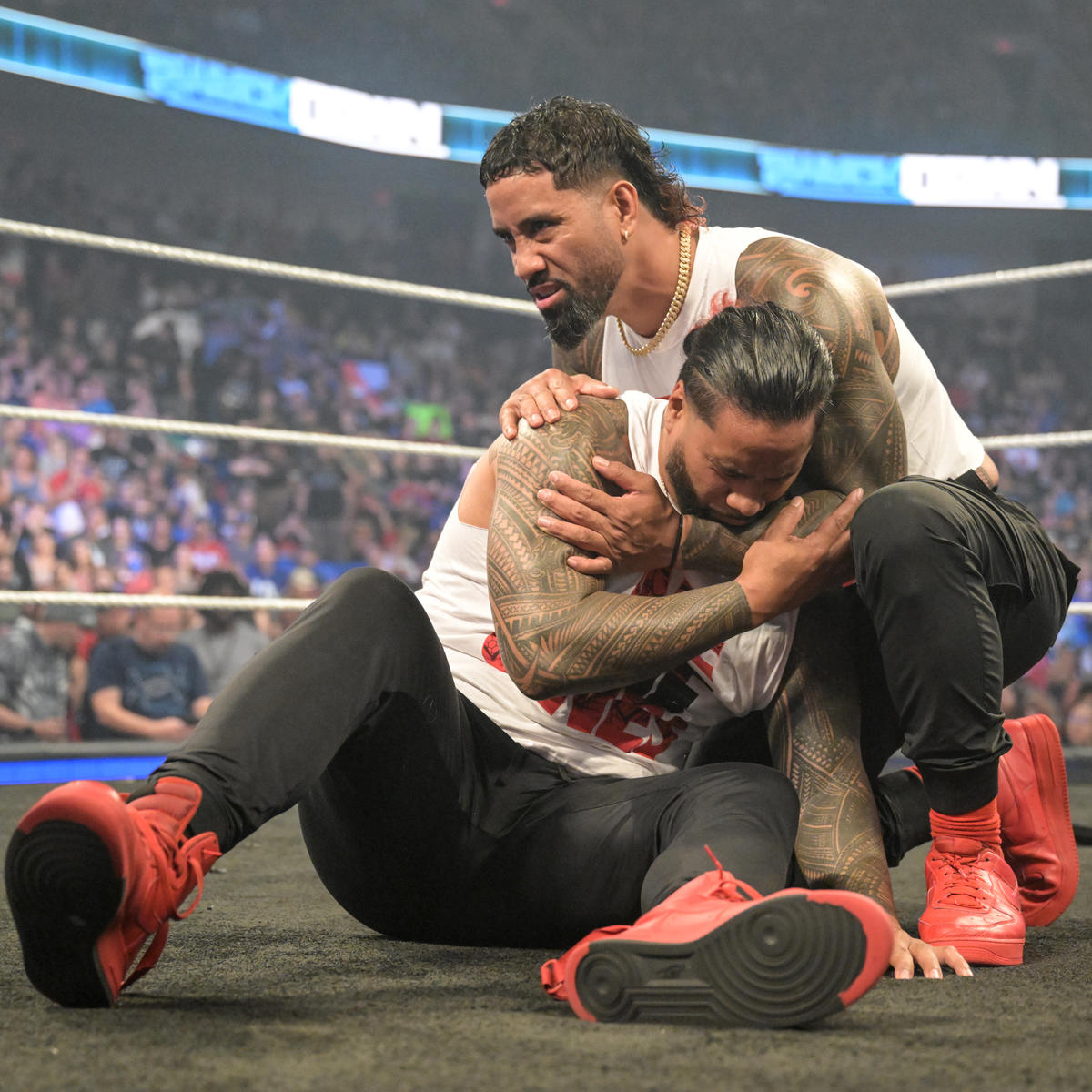 Roman Reigns & Solo Sikoa vs. The Usos.

Money in the Bank.

The Bloodline: Civil War.