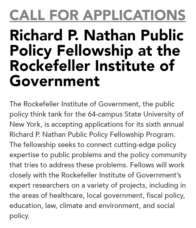 We invite experts in the higher education community, researchers, practitioners, & retirees in a variety of fields who demonstrate a passion for working on pressing public policy issues to apply for the Richard P. Nathan Public Policy Fellowship.

Details: https://t.co/Z8ZBSyY9BE