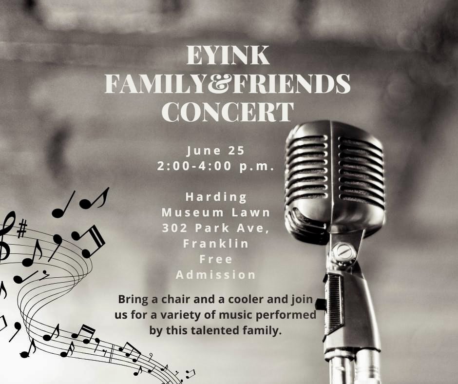 Alt_Strings's tweet photo. Save the date &amp; jam with the Eyinks! 

Sit on the Harding Museum lawn in Franklin, OH, and enjoy the Eyink Family &amp; Friends Concert on Sunday June 25 from 2-4 pm. Don’t forget your chair &amp; cooler. https://t.co/RREurZ3fEh