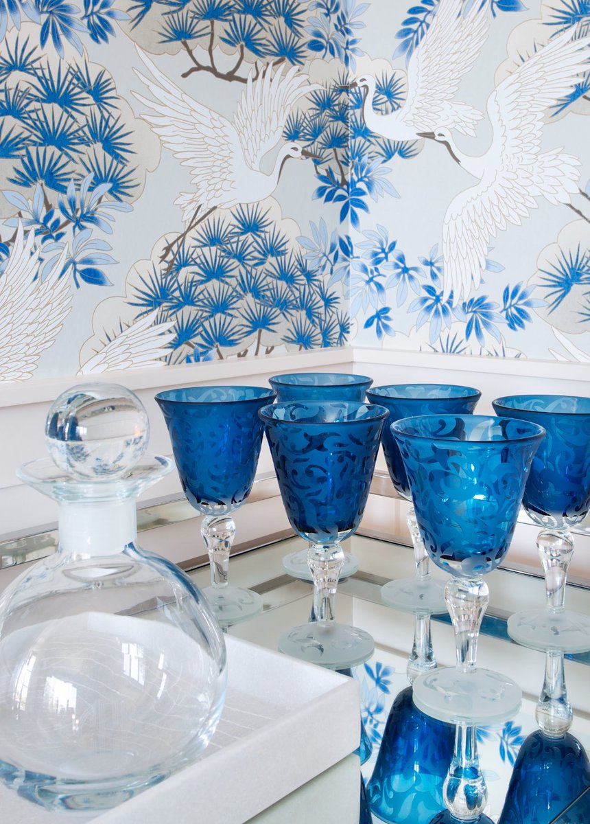 With these dazzling blue accents, this glassware and wallpaper adds a pop of color to your space. 

#homeinspo #beautifulhome #housetour #homedesigner