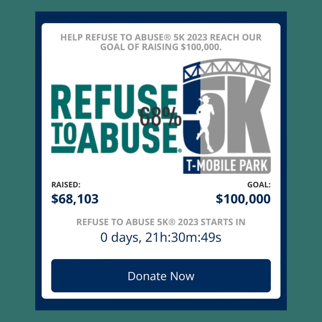 Less than 24 hours to go until the 2023 Refuse To Abuse 5K! THANK YOU to everyone supporting this awesome cause and joining us tomorrow morning at @TMobilePark! There's still time to donate (and win some exciting prizes!) at https://t.co/vJ3XuzKYsH! #RefuseToAbuse5K #GoMariners https://t.co/jbkVqaAAAQ