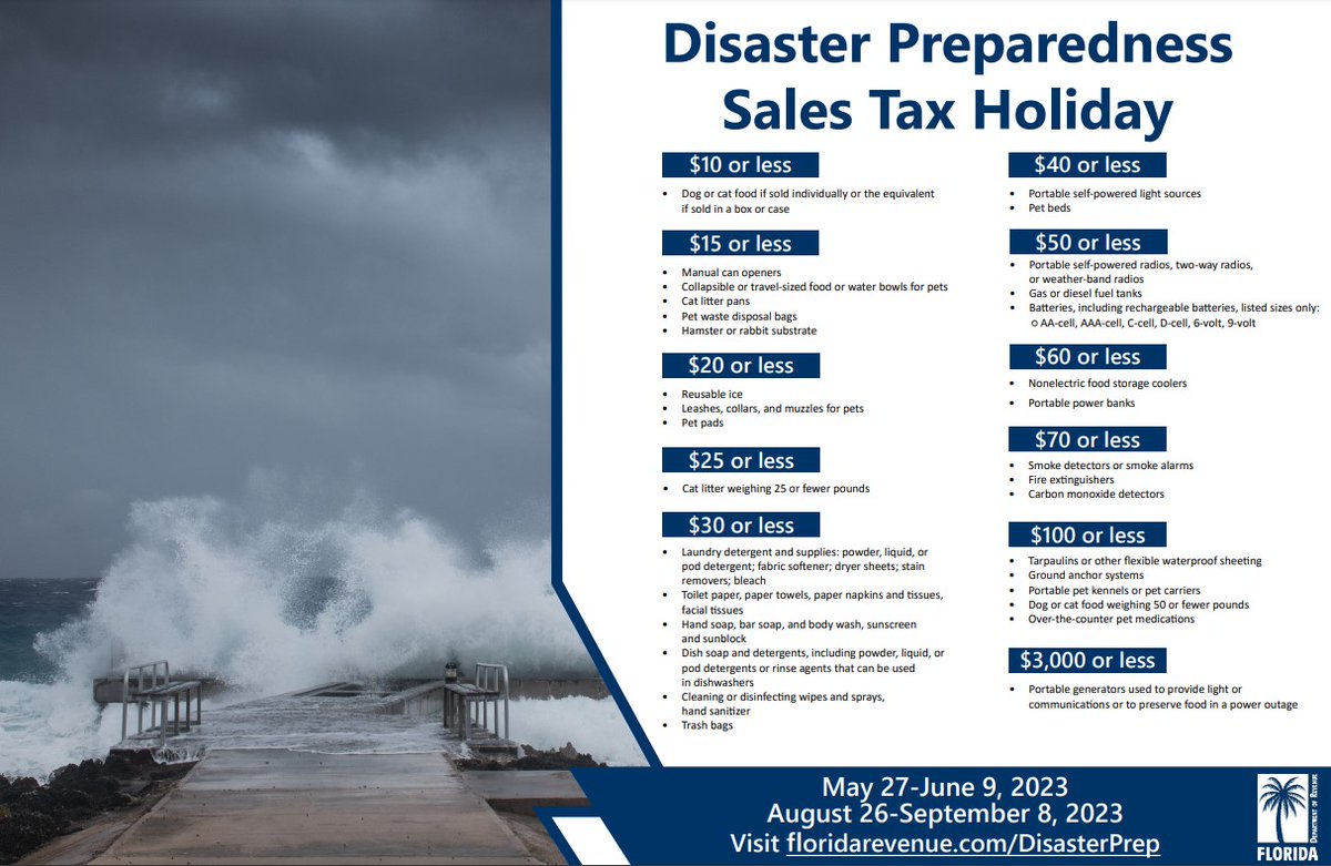 REMINDER: The FL Disaster Preparedness Sales Tax Holiday is NOW - June 9th. Get supplies for #HurricaneSeason tax-free, incl:
- household goods ($30 or less)
- flashlights/lanterns ($40 or less)
- power bank ($60 or less)
- generator ($3k or less)
More: FloridaRevenue.com/DisasterPrep