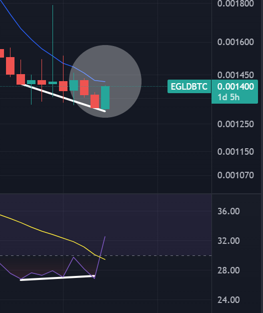 Ok, this is great and it's the first time ever for #EGLD in the weekly time frame. What is highlighted is a divergence on the price of #EGLD . When the price is falling but the RSI is rising, it usually anticipates an increase in value. 
And that's not the great news. The great…