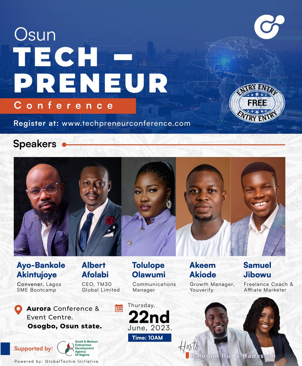 On Thursday 22nd June, 2023, you will get to know more about how you can scale your business using technology, at the TECHPRENEUR CONFERENCE organised by @GlobalTechVoice.

Click techpreneurconference.com to register now as limited seats are available.

Registration is FREE.