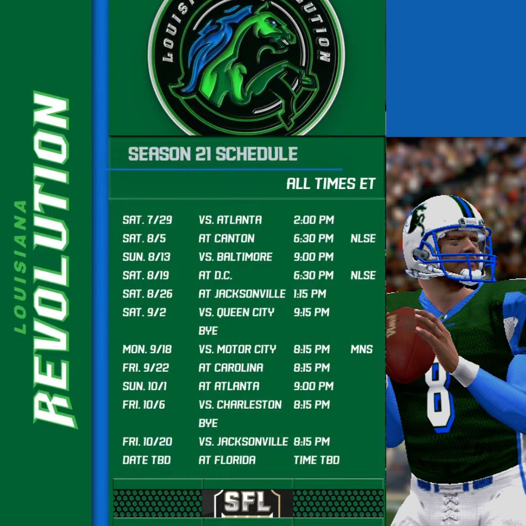 Here is your Revs <a href="/simulationfl/">Simulation Football League</a> Season 21 schedule!🗓️
🔥We start by welcoming the <a href="/AtlantaSwarm/">Atlanta Swarm</a> to <a href="/StackUpDotOrg/">Stack Up</a> Stadium and finish with what could be a pivotal trip to <a href="/SFL_Storm/">Florida Storm</a> .🔥

Watch us on <a href="/nlsetv/">Next Level Sports & Entertainment</a> in Week 2 and 4 and on Monday Night in Week 8. 
#RevUp #CadillacStyle