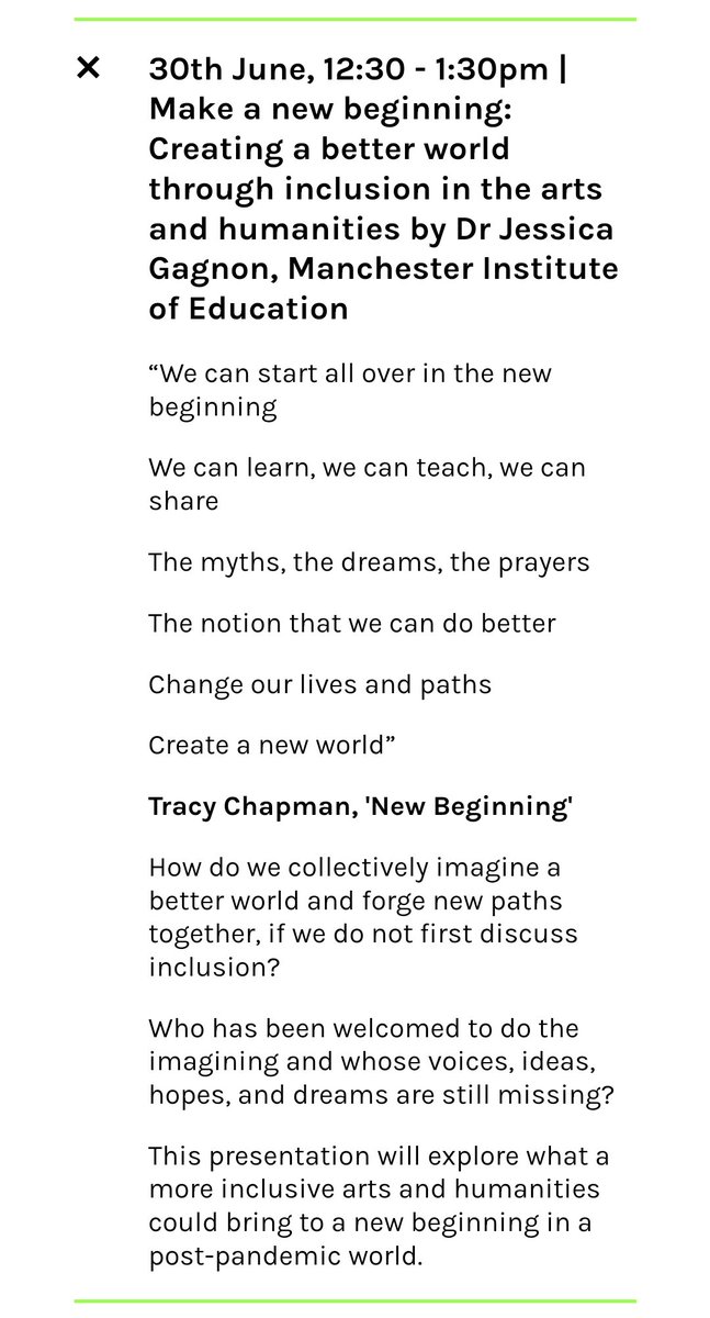 Jess_Gagnon's tweet photo. Pls RT: I'm giving a talk on 30 June 12:30-1:30pm titled

Make a new beginning: Creating a better world through inclusion in the arts &amp; humanities

Part of the #Free Friday lunchtime lecture series at @ContactMcr #Manchester 

https://t.co/vtGKRJo00p
No registration required /1 https://t.co/3b1J4C4kjo