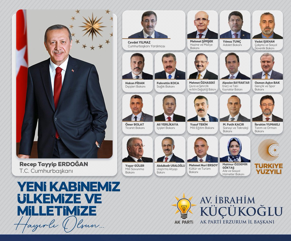 avibrahimK's tweet photo. Cumhurbaşkanımız Sayın @RTErdogan tarafından açıklanan yeni kabinenin Türkiye’miz ve milletimiz adına hayırlı olmasını temenni ediyorum.

Önceki dönemde görev alan tüm bakanlarımıza teşekkür eder, yeni dönemde görevi üstlenen her bir bakanımıza muvaffakiyetler dilerim. https://t.co/VfbPH5dEMo