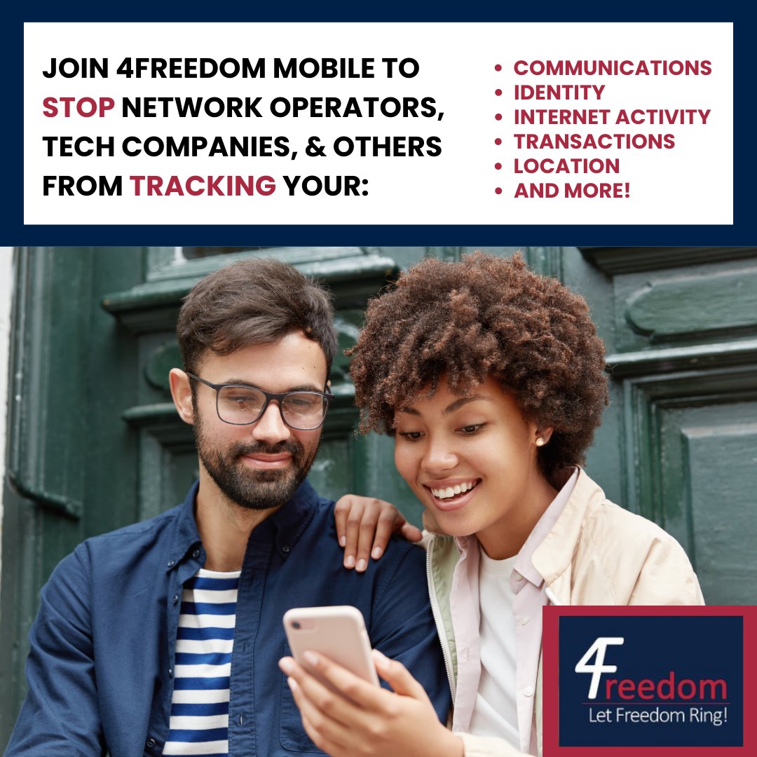 4Freedom Mobile is the only mobile service provider that doesn't track your:  

Location
Identity
Communications
Internet Activity
Financial Transactions
and more!

Let YOUR Freedom Ring!

4freedommobile.com

#dataprotection #privacy #digitalfreedom #bigtech #unlimiteddata