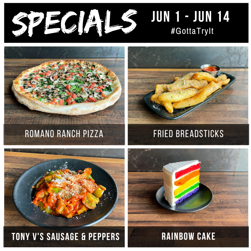 Classic Italian Dishes are on the special menu this week!  Featuring, Tony V's Sausage and Peppers, Fried Breadsticks and our delicious Romano Ranch Veggie Pizza.  And dont forget abou the picture perfect Rainbow Cake for dessert!

#gottatryit #specials #pizzaworks