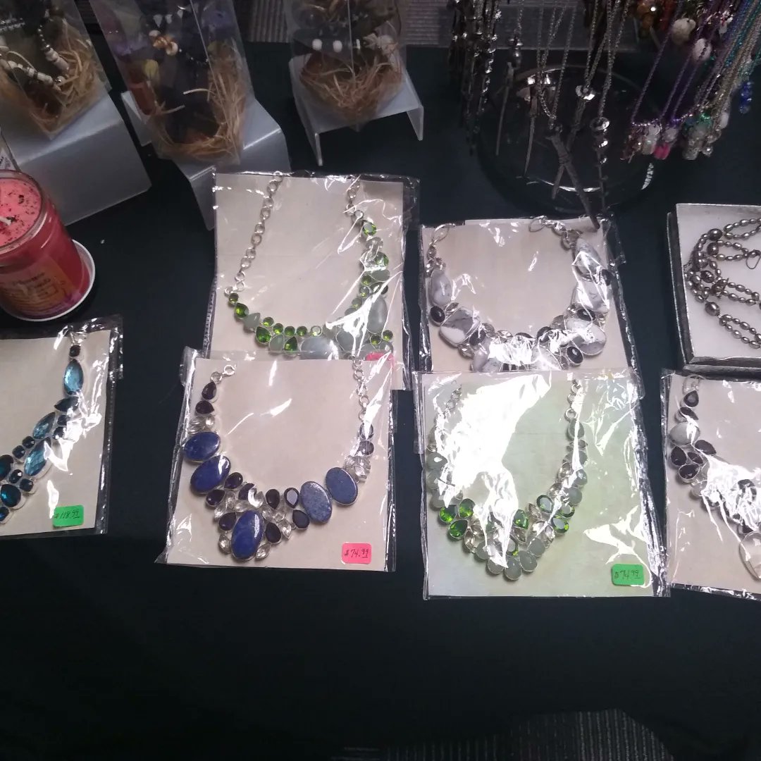 paganunityfest's tweet photo. Bling! Gemstone necklaces half price at Mamatou's, vendor Row downstairs. 
#Gemstones #Pagan 
#deals #magic https://t.co/oXju3P1K0G