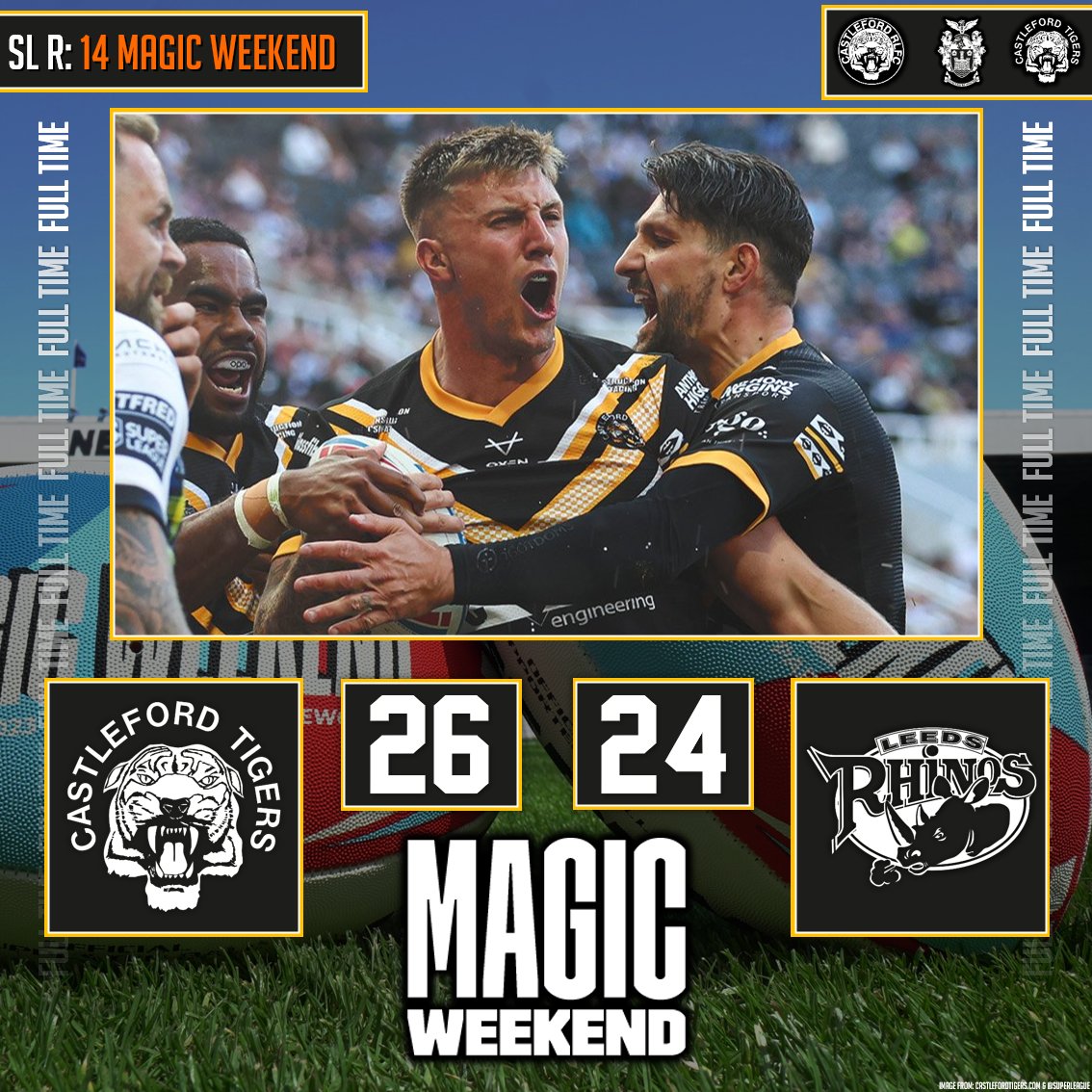🪄 MAGIC WEEKEND🏉 SL ROUND: 1⃣4⃣

🐯 CASTLEFORD TIGERS 2⃣6⃣
🦏 LEEDS RHINOS 2⃣4⃣

👏 WE NEED THAT ONE👏

COME ON YOU FORDS!!!

Was great to see the players celebrating defence & attacking efforts and the emotion at the end. 👏👏  

#COYF #SLCasLee #MagicWeekend #SuperLeague