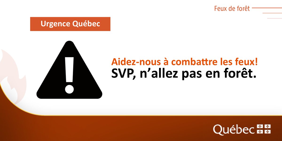 Les #FeuxDeForêt forcent des milliers d’évacuations et menacent des infrastructures essentielles🔥. La fumée affecte aussi la santé des personnes.
❗️AIDEZ-NOUS à combattre ces feux. Ne circulez pas et ne faites pas d’activités en forêt 🚷.
<a href="/SOPFEU/">SOPFEU</a>
<a href="/mrnfqc/">Ministère des Ressources naturelles et des Forêts</a> <a href="/sureteduquebec/">Sûreté du Québec</a>