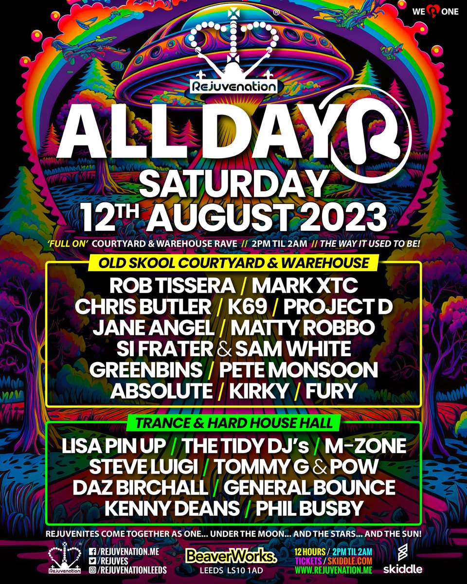 REJUVENATION (@rejuves) on Twitter photo Rejuvenation Summer All Dayer 12th August 2023 <a href="/beaverworks/">beaver works</a> #leeds with <a href="/RobTissera/">DJ Rob Tissera</a> <a href="/djjaneangel/">Jane Angel</a> <a href="/djmarkxtc/">Mark XTC</a> <a href="/djgreenbins/">Greenbins</a> <a href="/DJSiFrater/">Si Frater ♔ Rejuvenation</a> <a href="/DJMattyRobbo/">Matty Robbo</a> #oldskool #rave #hardhouse Tickets skdl.co/EDZMt3TOfxb or rejuvenation.me Rejuvenation Summer All Dayer 12th August 2023 <a href="/beaverworks/">beaver works</a> #leeds with <a href="/RobTissera/">DJ Rob Tissera</a> <a href="/djjaneangel/">Jane Angel</a> <a href="/djmarkxtc/">Mark XTC</a> <a href="/djgreenbins/">Greenbins</a> <a href="/DJSiFrater/">Si Frater ♔ Rejuvenation</a> <a href="/DJMattyRobbo/">Matty Robbo</a> #oldskool #rave #hardhouse Tickets skdl.co/EDZMt3TOfxb or rejuvenation.me