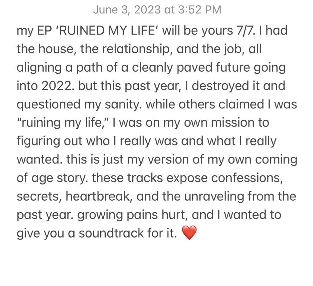 my 2nd EP ‘RUINED MY LIFE’ is yours 7/7
pre-save here ❤️‍🩹 independent.ffm.to/ruinedmylife