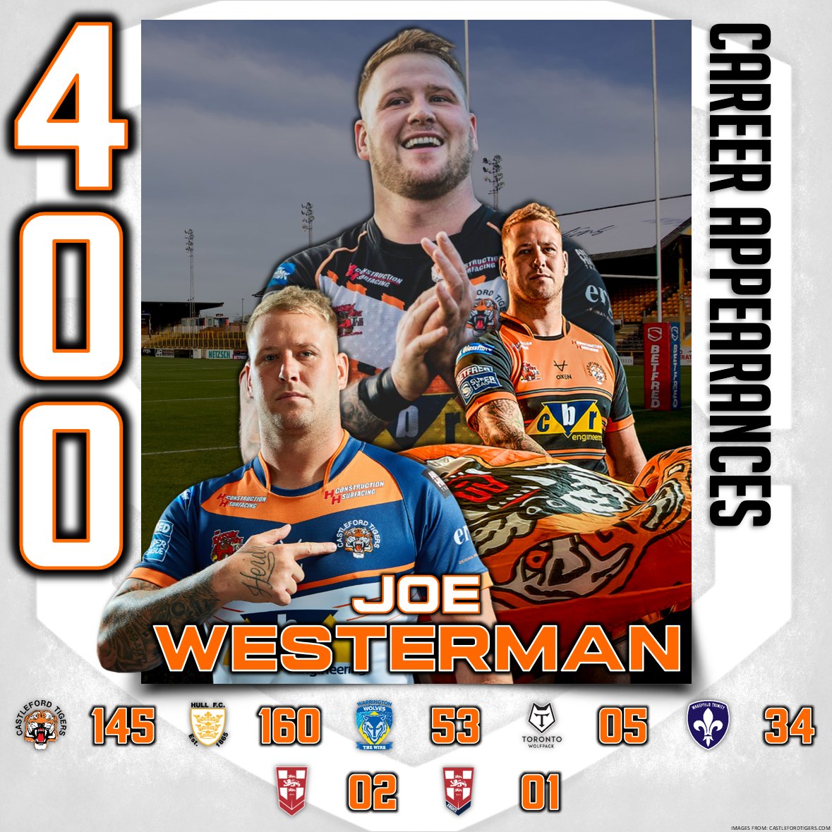 CAREER MILESTONE FOR WESTY

Tonight's match against Leeds Rhinos is Joe Westerman 400th career appearances.

👏Congratulations Westy

#COYF