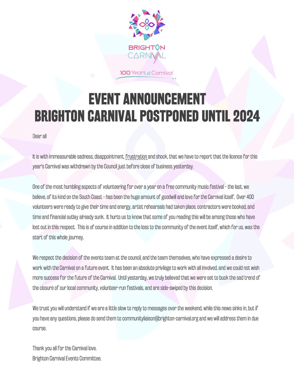 Very sad news but we will be back in 2024! 🔥🥰 <a href="/brightonargus/">Brighton Argus</a> <a href="/KempTown/">Argus KempTown Pages</a> <a href="/BrightonHoveCC/">Brighton & Hove City Council</a> <a href="/CoolBrighton/">Cool Brighton</a> <a href="/decadanceuk/">DECADANCE UK</a> <a href="/BBCSussex/">BBC Sussex</a> <a href="/bbcsoutheast/">BBC South East</a> <a href="/HeartSussex/">Heart Sussex</a> <a href="/CapitalBrighton/">Capital Brighton</a> <a href="/TheSource/">The Source Magazine</a> @BN1Mag <a href="/brightonmag/">Brighton Magazine</a>